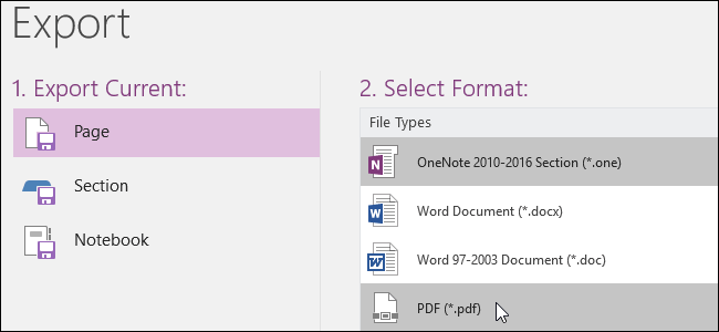 Page d'exportation Microsoft OneNote