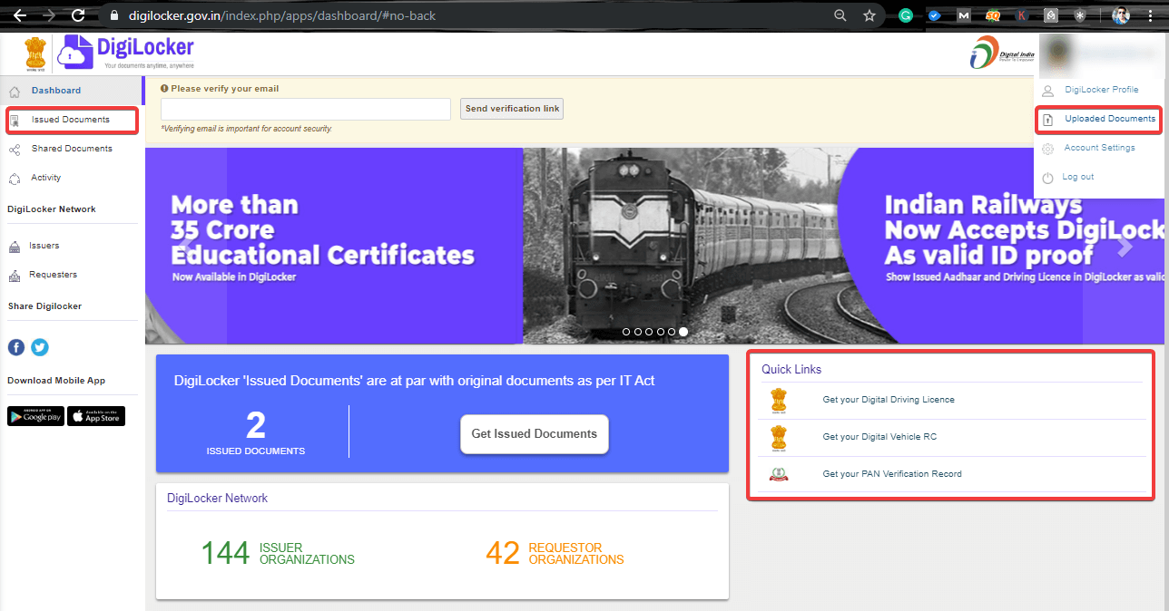 Tablero de inicio de sesión de DigiLocker