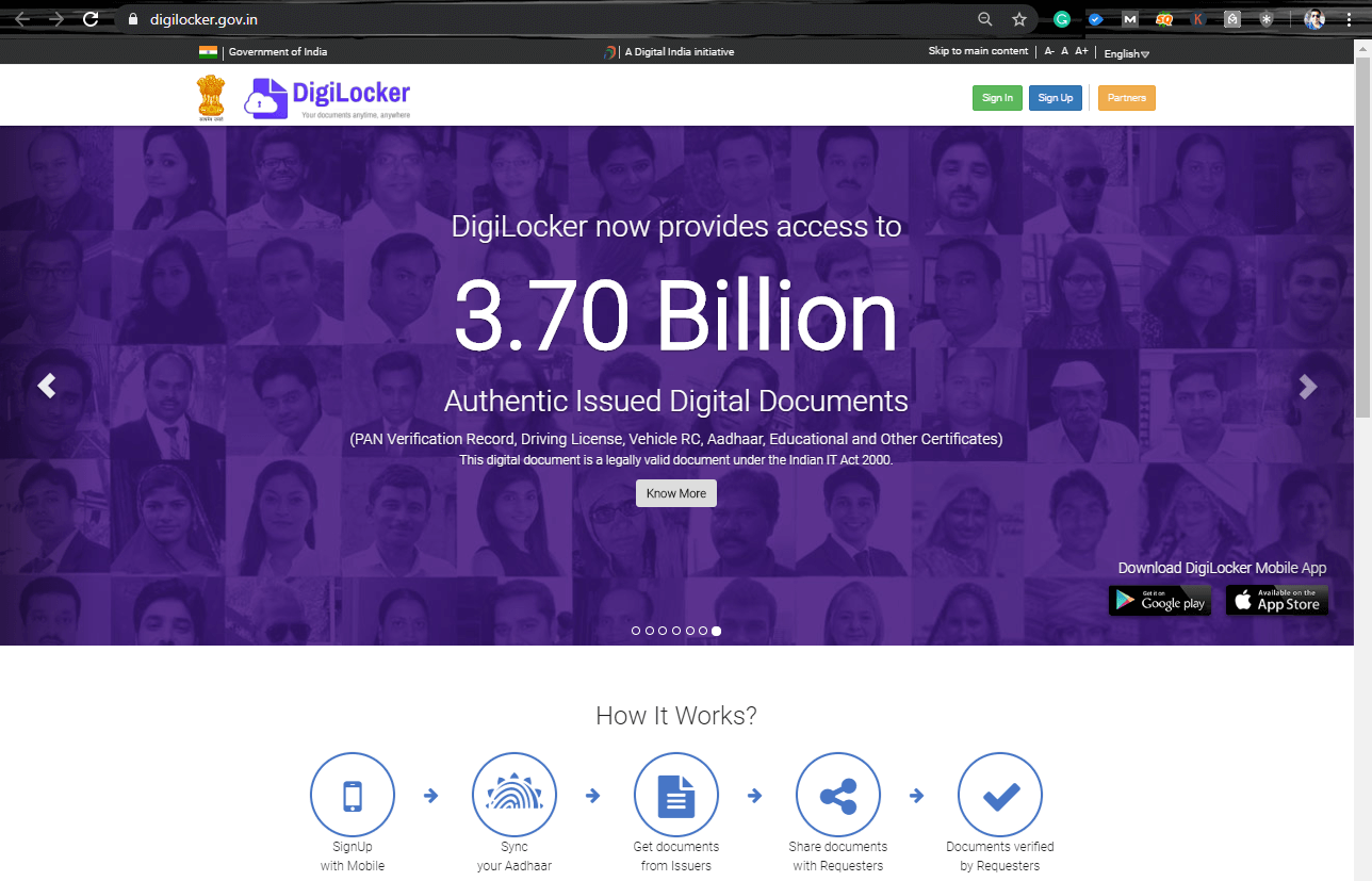 Processo de inscrição no Digilocker