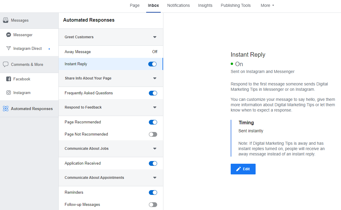 Configurer la réponse instantanée sur Business Chat