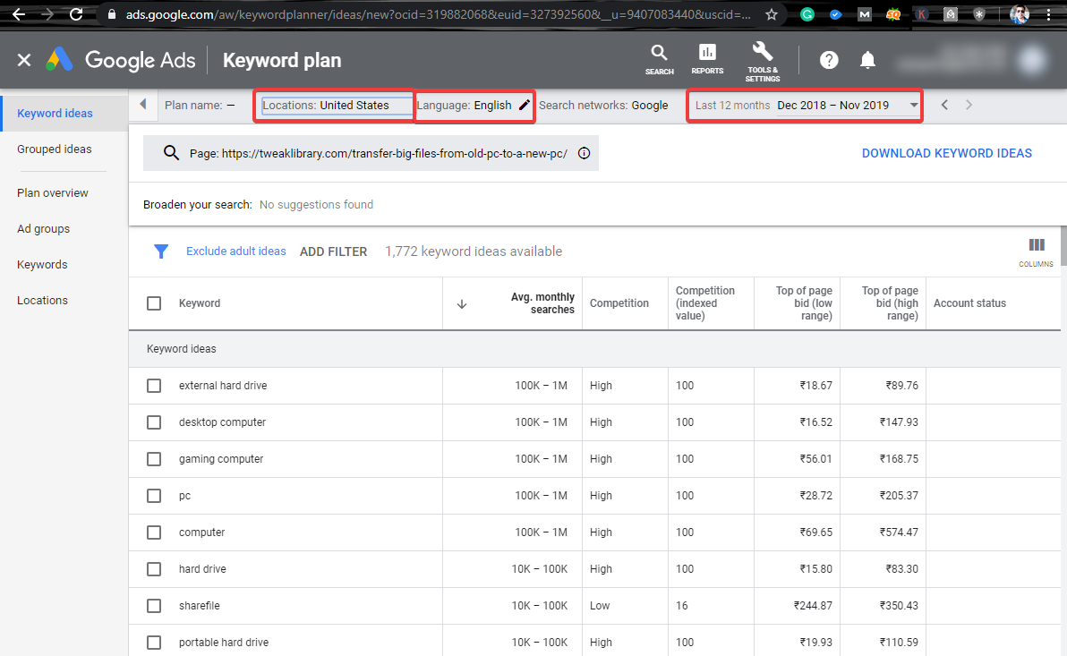 Opțiuni de filtrare Google Keywords Planner