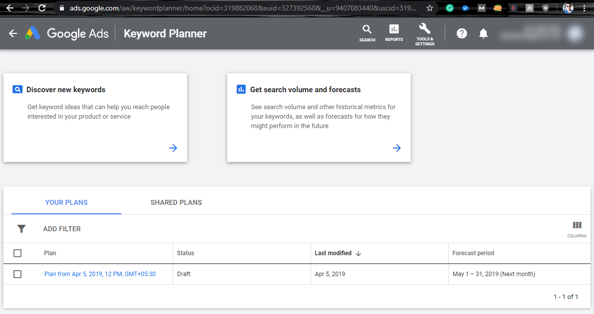 Page d'accueil de Google Keywords Planner