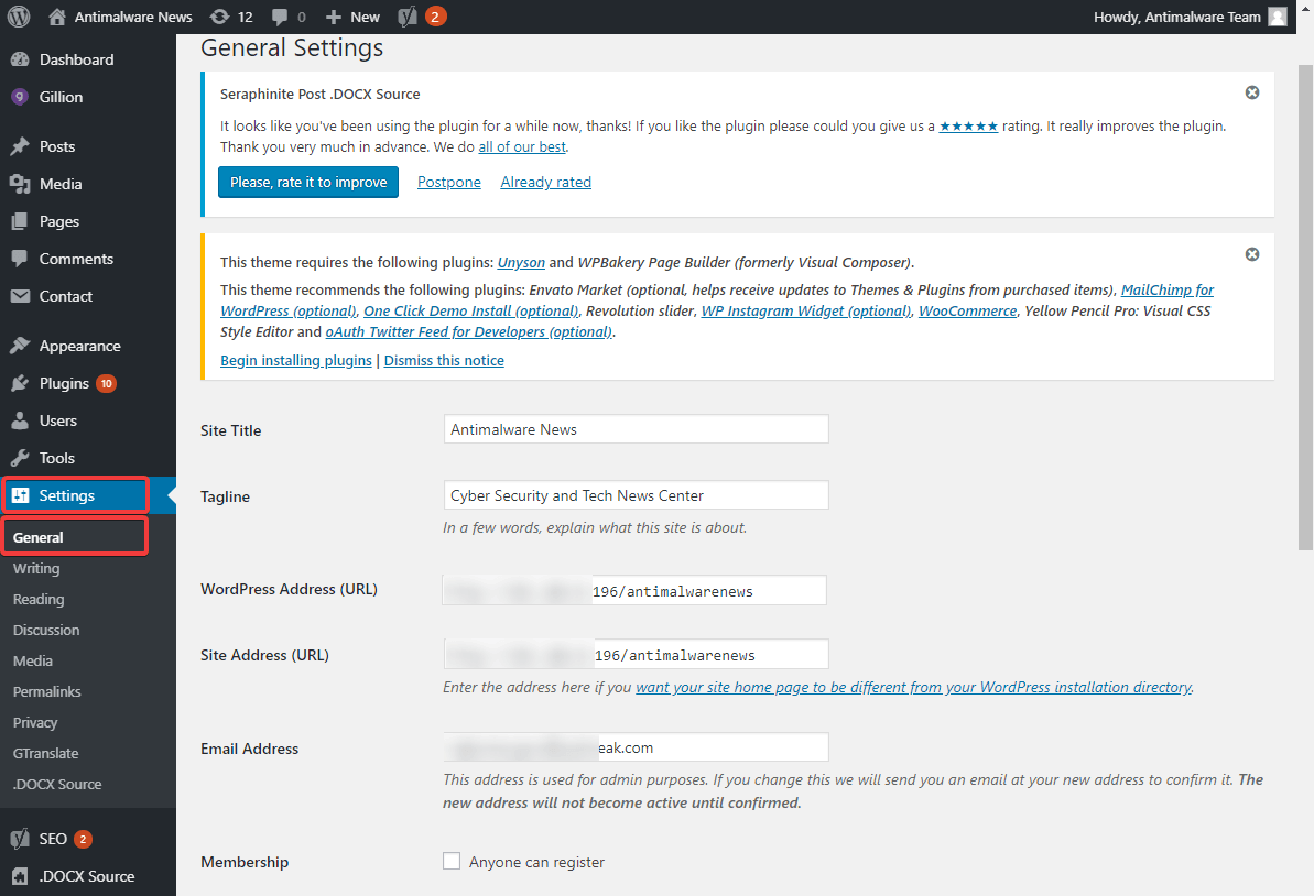 wordpress yönetici panosu - genel ayarlar