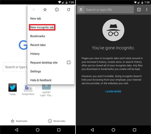 Modalità di navigazione in incognito su Android