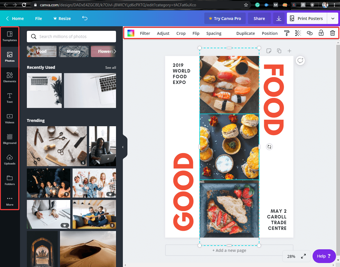 Editor de fotos online Canva - opções de edição online