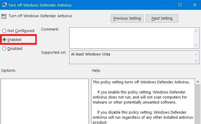 WindowsDefenderウイルス対策をオフにするを有効にする