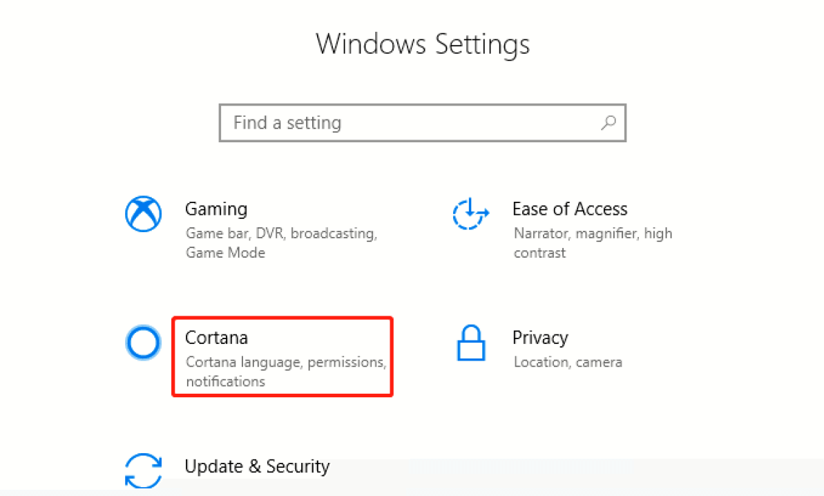 ventana de configuración de cortana