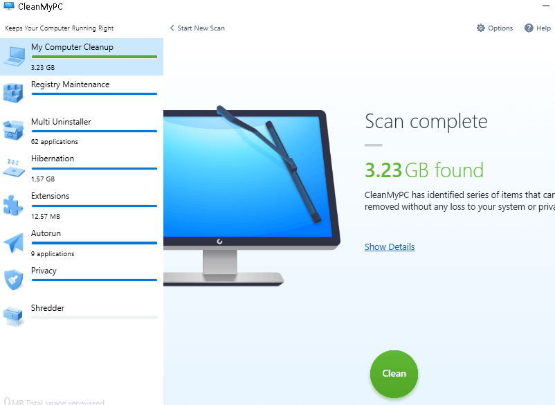 Wynik czyszczenia mojego komputera — CleanMyPC