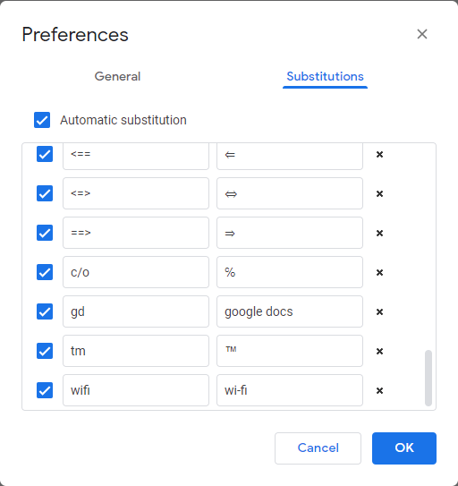 Fenêtre de préférences Sélectionner des substitutions