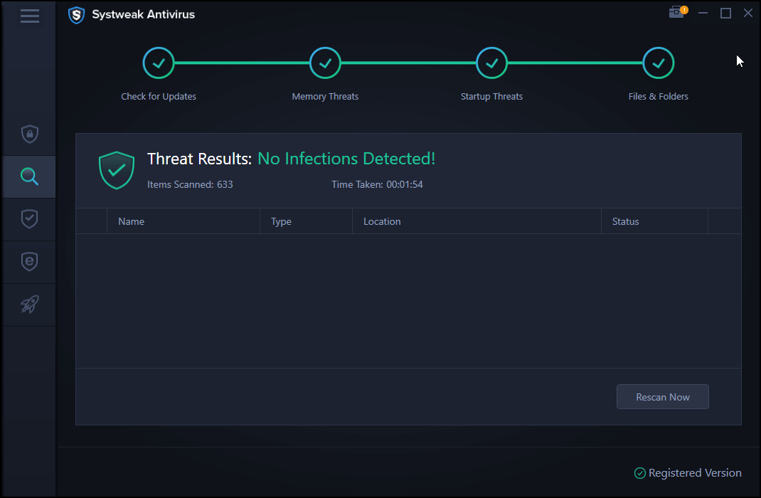 Systweak Antivirus – Bedrohungsergebnisse