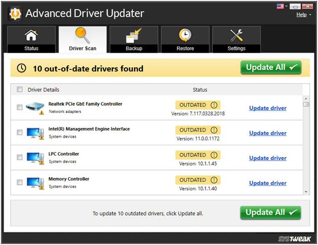 configuração avançada do atualizador de driver