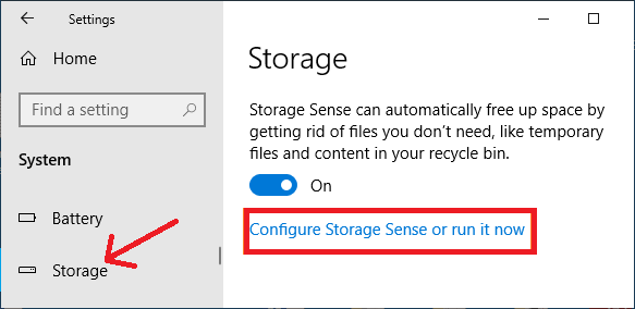 Configura il senso di archiviazione - Windows 10