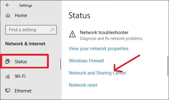 ステータスネットワークと共有センターを選択します