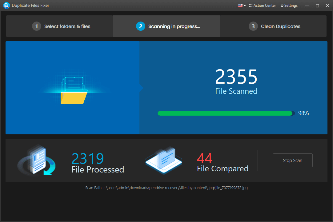 Duplicate File Fixer - Scanarea este în curs