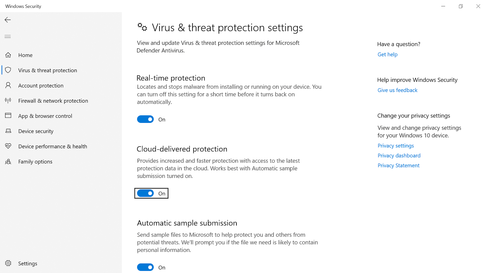 configuración de protección contra virus y amenazas