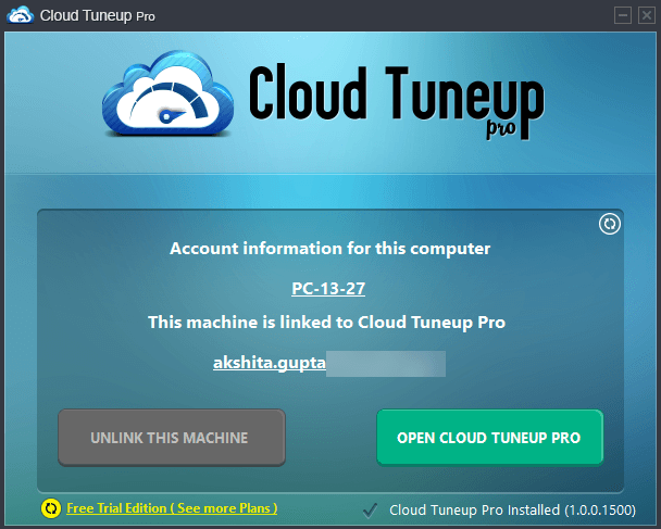 Informations de compte pour cloud tuneup pro