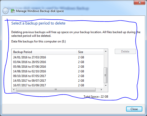 Espaço em disco de backup