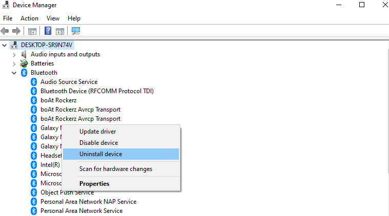 Desinstalar el dispositivo Bluetooth usando el administrador de dispositivos