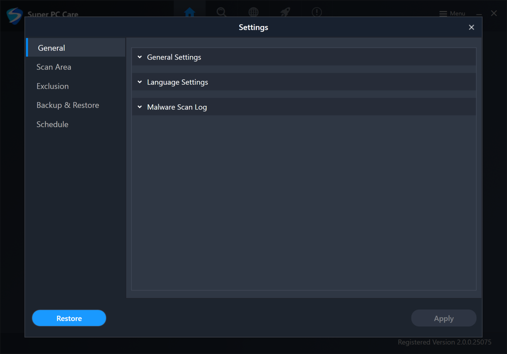 Super Pc Care - الإعدادات