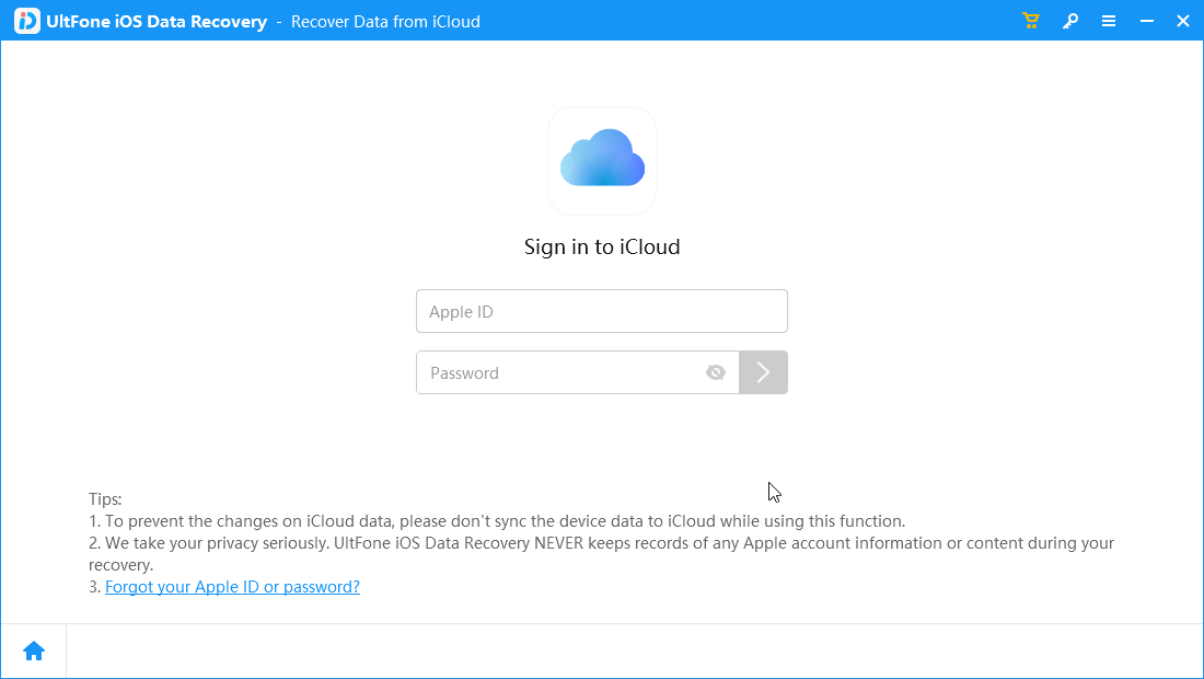 Conectați-vă la cloud - UltFone iOS data Recovery