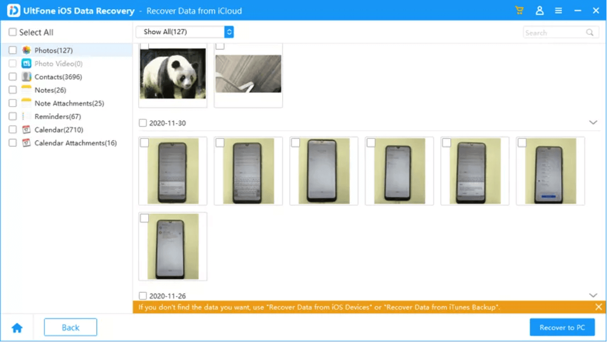 Recuperação de dados UltFone iOS selecione imagens para recuperar