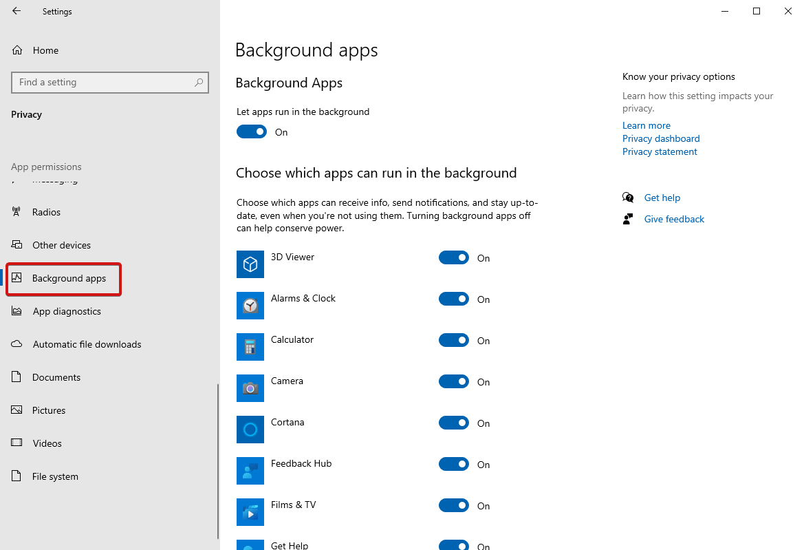 Hintergrund-Apps - Windows