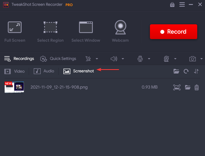 Opțiune de captură de ecran pe Tweakshot Screen Recorder