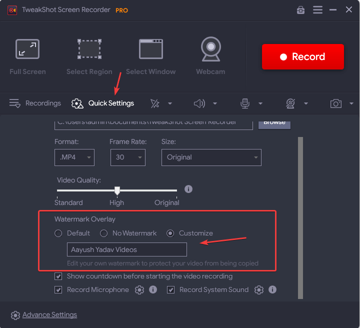 Customize Watermark - Tweakshot Screen Recorder