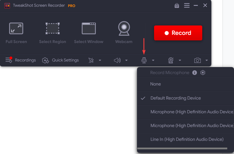 Mic Settings Options - Tweakshot Screen Recorder