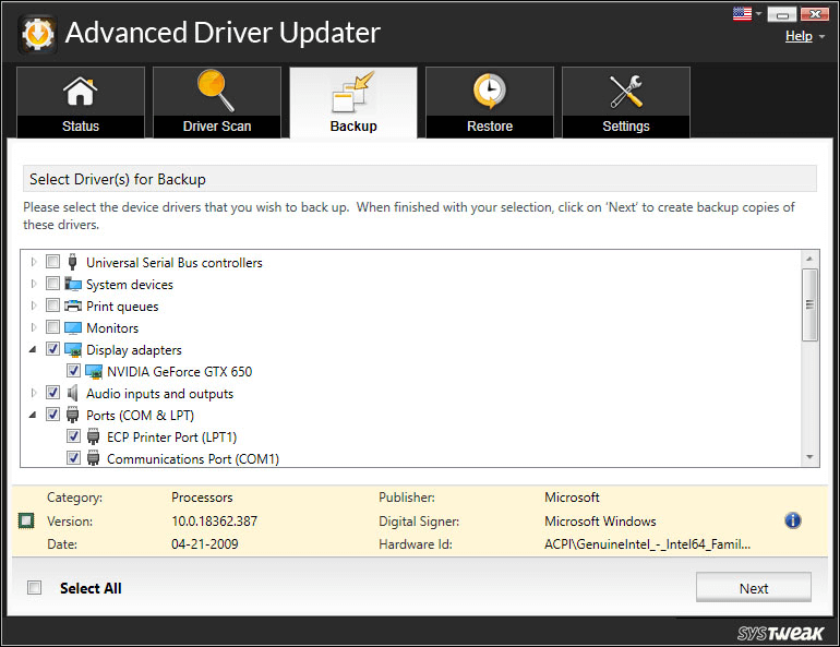 Advanced Driver Updater - Backup