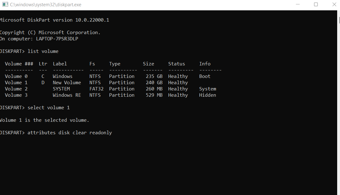 Attribute Disk Clear Lecture seule