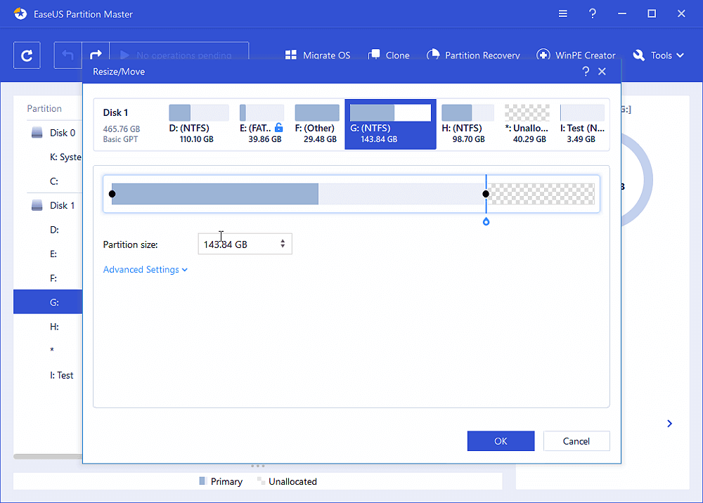 EaseUS Partition Master - Größe ändern und verschieben