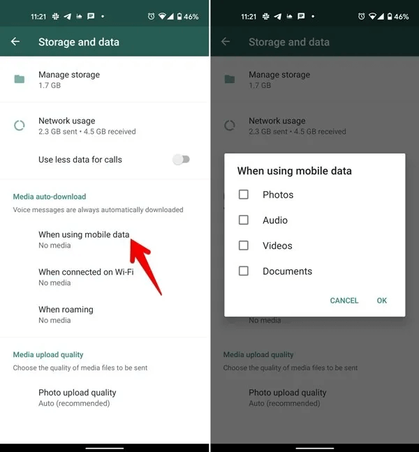 Armazenamento e espaço do Whatsapp