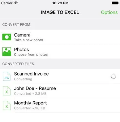 Преобразование изображения в Excel на iPhone