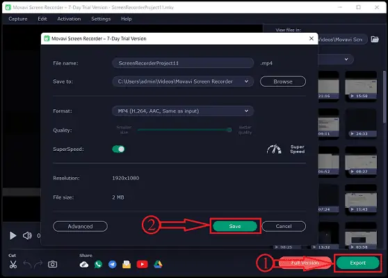 Exportar en Movavi Screen Recorder