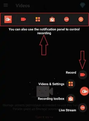 Interface de l'application AZ Screen Recorder