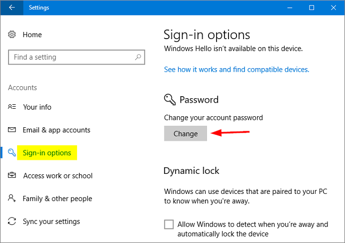 Opções de login do Windows 10