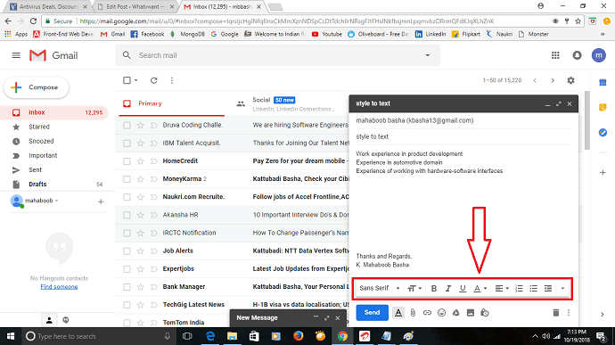 Opções de formatação do Gmail