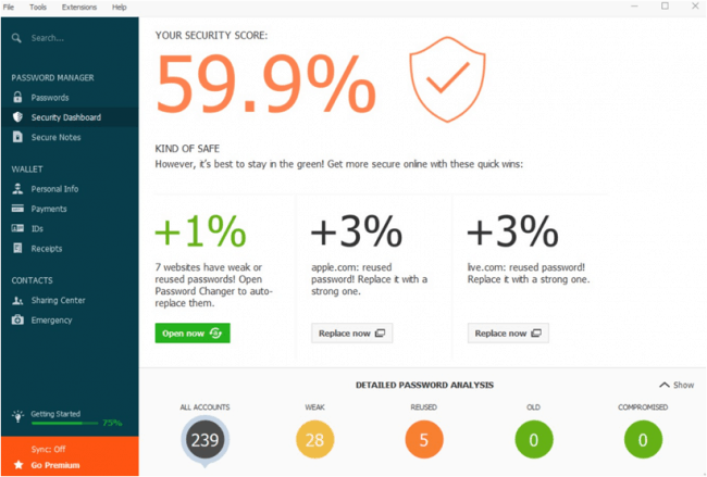 dashboard di sicurezza dashlane