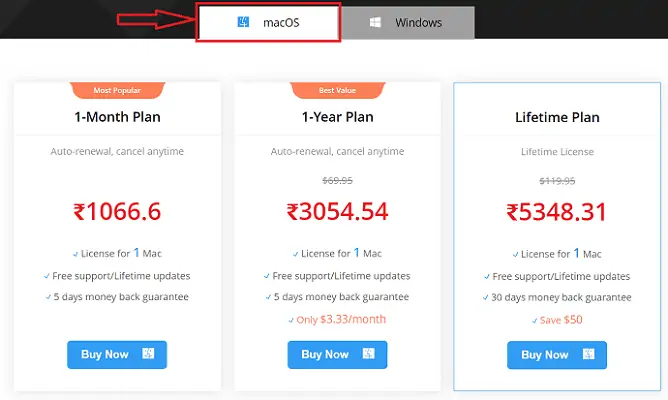 TuneFab macOS Fiyatlandırması