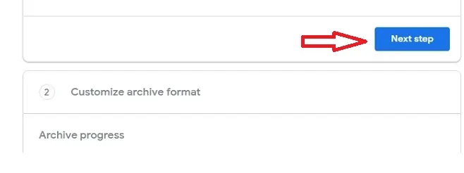 Opción de paso siguiente en takeout.goole para archivar el contenido de su correo electrónico