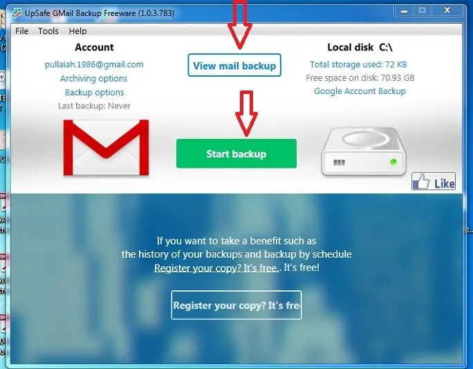 Processo de backup usando Upsafe