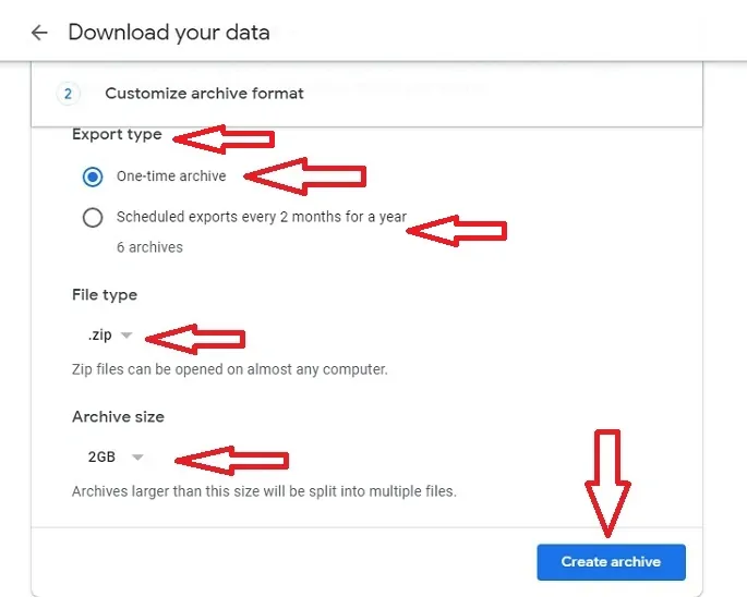 Anpassen des Archivformats in takeout.google