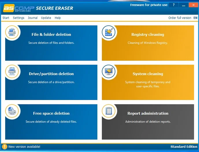 Page de démarrage de Secure Eraser