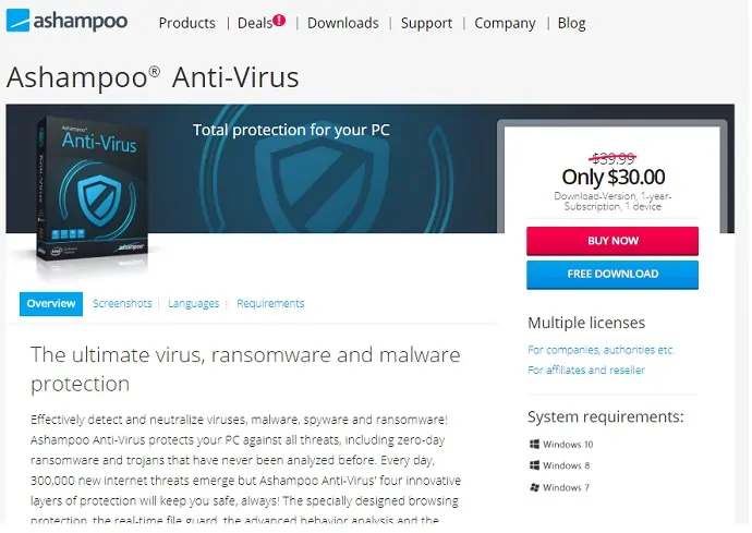 La home page di Ashampoo Antivirus