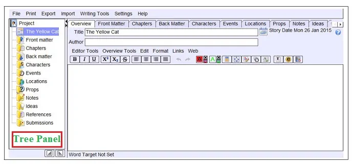 Menu do painel de árvore no WriteitNow