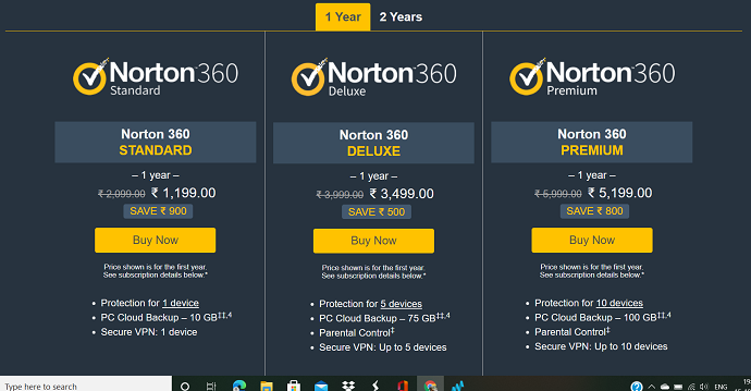 Detalles de precios de Norton 360