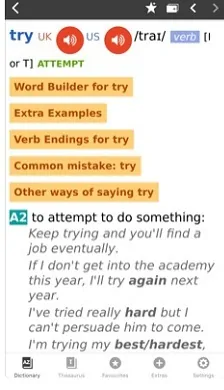 Cambridge English Dictionary App avec un exemple de mot