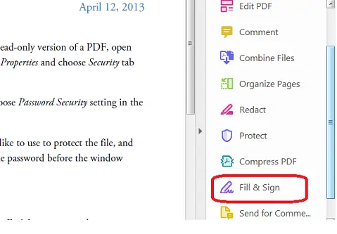 خيار Fill & Sign في Adobe Acrobat