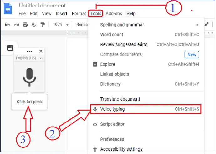 Google Docs-Активация-Преобразование речи в текст